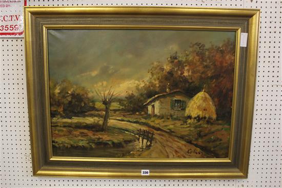 Oil - gypsy scene & landscape with cottage